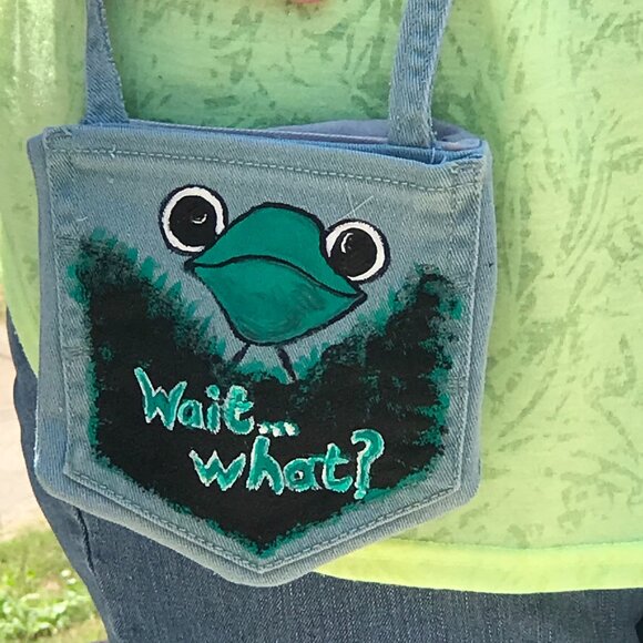 Handmade Crossbody Bag: Recycled Denim Cell Phone Holder, Whimsical Frog Purse - Picture 4 of 8